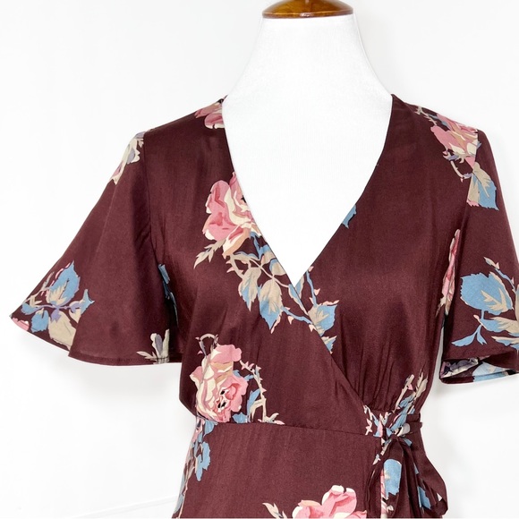 Show Me Your Mumu Floral Burgundy Brown Short Sleeve Mini Tie Waist Wrap Dress S - Picture 8 of 13